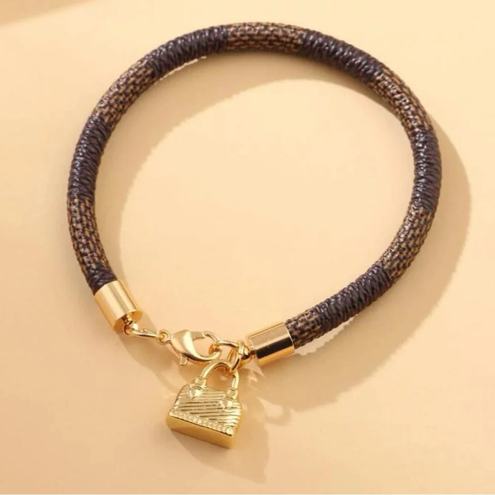 Designer Inspired Brown Checkered Gold Plated Bag Purse Charm Clasp Bracelet - Picture 2 of 10
